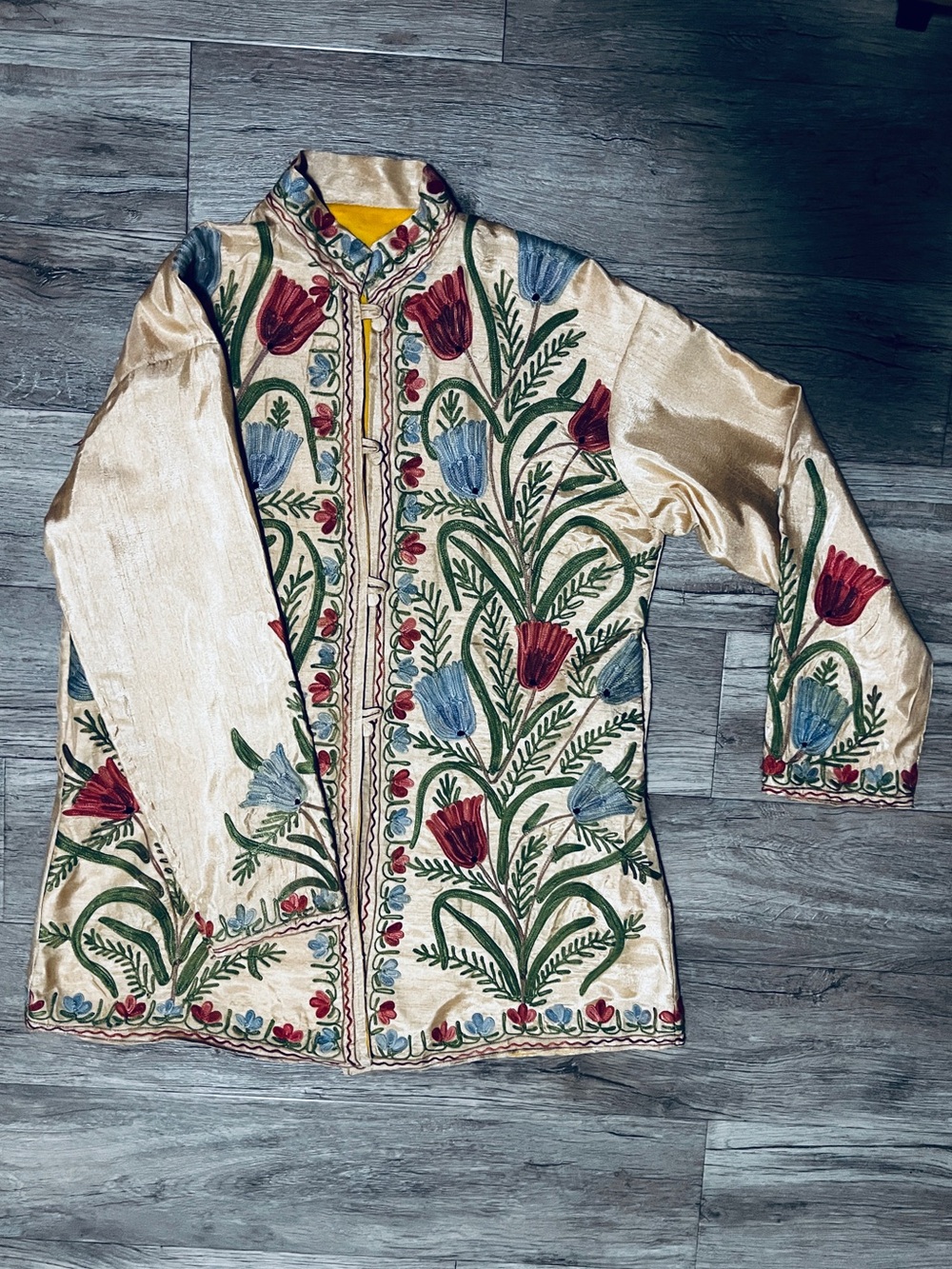Soft Yellow Embroidered Long Tunic • Raw Silk Look & Feel • Red Blue Poppies - Picture 12 of 12